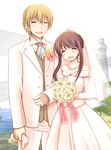  1girl bare_shoulders bouquet bridal_veil closed_eyes couple cover dress elbow_gloves flower formal gloves hetero jewelry kawara_yun long_hair necklace older ring saki shinohayu_the_dawn_of_age shiratsuki_kousuke shiratsuki_shino short_hair smile strapless strapless_dress tuxedo uncle_and_niece veil wedding_dress white_dress 