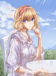  alice_margatroid alternate_costume blonde_hair blue_eyes commentary_request day hairband light_smile lolita_hairband looking_at_viewer meng_ziya outdoors pajamas short_hair sitting solo table touhou wide_sleeves 