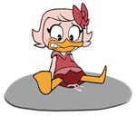  anthro avian bird blush bow clothing cum cum_inside dress duck ducktales eyelashes female simple_background sitting skirt solo teeth unknown_artist webby_vanderquack white_background young 