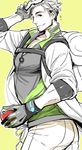  ass eyewear_on_head facial_hair gloves green_background labcoat male_focus mokuba_(mujo) old_man outline pokemon pokemon_go simple_background smile solo stubble white_hair willow_(pokemon) 