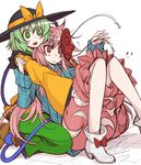  :d black_hat blush bow bubble_skirt colored_pencil_(medium) commentary_request eichi_yuu expressionless frilled_sleeves frills green_eyes green_hair green_skirt hat hat_bow hata_no_kokoro hug hug_from_behind kneeling knees_together_feet_apart knees_up komeiji_koishi long_sleeves mask mask_on_head monkey_mask multiple_girls open_mouth pink_eyes pink_hair pink_skirt plaid plaid_shirt shirt short_hair skirt smile string touhou traditional_media white_background wide_sleeves yellow_bow yellow_shirt 