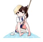  barefoot bowl bowl_hat broom brown_eyes brown_hair commentary feet hakama_skirt hat holding holding_broom japanese_clothes kaga_(kantai_collection) kantai_collection looking_at_viewer nakashino_setsu open_mouth side_ponytail sitting soap soles solo tasuki tile_floor tiles toes water younger 