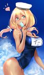  blonde_hair breasts cloud day food glasses green_eyes hat heart i-8_(kantai_collection) kantai_collection large_breasts long_hair looking_at_viewer one-piece_swimsuit popsicle school_swimsuit solo summer swimsuit tan untsue 