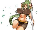  :o bike_shorts blush breasts covered_nipples green_hair groin high_ponytail holding holding_sword holding_weapon large_breasts leg_up long_hair navel open_mouth original perky_breasts sachito sidelocks solo sumi-chan_(sachito) sword thick_thighs thighs weapon yellow_eyes 
