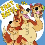  bark blue_eyes canine contest dog fangs fluffy mammal navel overweight phat plushie poster raffle smile soft teeth tongue 