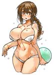  alternate_breast_size ball bangs beachball bikini blush breasts brown_eyes brown_hair cleavage cropped_legs groin hair_between_eyes hair_ribbon holding holding_ball isonami_(kantai_collection) kantai_collection large_breasts long_hair navel open_mouth red_ribbon ribbon sachito sidelocks simple_background solo swimsuit thick_thighs thighs white_background white_bikini 