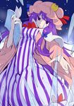  &gt;:( blue_bow blue_ribbon book bow breasts capelet commentary_request crescent dress eichi_yuu from_below frown hair_bow hair_ribbon hat hat_ribbon holding holding_book long_hair looking_at_viewer medium_breasts mob_cap pajamas patchouli_knowledge purple_eyes purple_hair red_bow red_ribbon ribbon solo striped touhou tress_ribbon tsurime v-shaped_eyebrows vertical-striped_dress vertical_stripes very_long_hair wide_sleeves 
