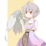  ahoge alternate_costume arm_behind_back bare_shoulders blush buna_shimeji_(keymush) cowboy_shot dress feathers grey_hair half_updo index_finger_raised kishin_sagume red_eyes roman_clothes short_hair shoulder_tattoo single_wing smile solo tattoo toga touhou wings 