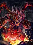  claws commentary_request dragon dragon_wings duel_monster fire highres looking_at_viewer meteor_b._dragon molten_rock no_humans open_mouth red_eyes sharp_teeth spikes teeth wings yuu-gi-ou 