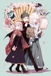  2boys ahoge boots brown_hair closed_eyes cross-laced_footwear danganronpa eating food green_eyes hakama hakama_skirt hinata_hajime japanese_clothes komaeda_nagito lace-up_boots meiji_schoolgirl_uniform military military_uniform monomi_(danganronpa) multiple_boys nanami_chiaki pink_eyes pink_hair shell_(shell518) smile super_danganronpa_2 uniform wagashi white_hair 