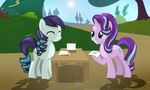  2016 absurd_res blue_eyes coloratura_(mlp) cutie_mark desk duo earth_pony equine female feral friendship_is_magic fur grass grey_fur hair hi_res horn horse mammal multicolored_hair my_little_pony outside paper pink_fur pony shadow shutterflyeqd sky smile starlight_glimmer_(mlp) sun tree two_tone_hair unicorn 