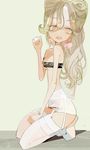  1girl amiami blonde_hair earrings female garter_straps long_hair open_mouth original pink_eyes seiza solo 