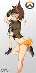  1girl ass bodysuit bomber_jacket brown_eyes brown_gloves brown_hair brown_jacket dnaworld from_behind gloves goggles heart jacket large_ass leather leather_jacket looking_at_viewer overwatch short_hair smile solo spiked_hair tracer_(overwatch) wink 