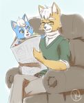  anthro black_nose blue_fur brown_fur canine chair duo eyes_closed eyewear father fox fox_mccloud fur glasses green_eyes hair happy kokoro-tokoro male mammal marcus_mccloud nintendo open_mouth parent short_hair sitting son star_fox video_games white_fur white_hair 