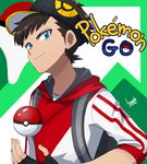  backpack bag black_gloves blue_eyes copyright_name fingerless_gloves gloves highres hood hoodie kuruto. looking_at_viewer male_focus male_protagonist_(pokemon_go) poke_ball poke_ball_(generic) pokemon pokemon_go signature solo upper_body visor_cap 