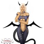  1girl blackknight23 body_suit chains cross dark_skin high_res horns leather leather_suit necklace succubus tail white_eyes white_hair wings 