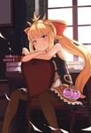  absurdres alternate_hairstyle atg_(wttoo0202) bangs black_legwear blonde_hair blunt_bangs blush book_stack bow cagliostro_(granblue_fantasy) chair closed_mouth crown granblue_fantasy hair_bow highres indoors long_hair looking_at_viewer md5_mismatch pantyhose ponytail purple_eyes red_bow sidelocks sitting sitting_backwards sleeveless smile solo vial window 