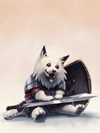  2015 anthro armor canine crappysketches dog fur humanoid lesser_dog mammal melee_weapon shield sitting sword tongue tongue_out undertale video_games weapon white_fur 