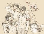  armband belt black_hair blush clenched_hands closed_eyes crying crying_with_eyes_open danganronpa danganronpa_1 epaulettes expressions gakuran glowing glowing_eyes hand_on_own_thigh ishida_(danganronpa) ishimaru_kiyotaka male_focus multiple_boys multiple_persona multiple_views muscle nipples pout red_eyes saliva salute school_uniform shirtless short_hair smile snot tears white_hair yoiko_(hou-kou) 