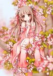  bare_shoulders blurry boots brown_eyes brown_hair choker depth_of_field dress finger_to_mouth flower full_body hair_ribbon in_tree jian_xia_qing_yuan_online_3 latealatea leaf pink_dress pink_footwear ribbon sitting sitting_in_tree solo tree tree_branch 