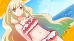  alternate_costume bangs bare_shoulders bikini blonde_hair cloud collarbone commentary_request day dutch_angle frills head_tilt horizon long_hair looking_at_viewer mayu_(vocaloid) midriff multicolored_hair navel oumi_sanaka sky solo swimsuit upper_body vocaloid water yellow_eyes 