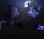  &lt;3 anthro blood canine clothed clothing dragon duo ear_piercing female gore horn hybrid jewelry kneeling mammal necklace open_mouth outside piercing smile tongue tongue_out tsukinori 