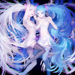 absurdres arm_up bangs bare_arms bare_shoulders big_hair black_background black_legwear blue_eyes blue_hair blue_legwear blue_nails breasts broken closed_mouth colored_eyelashes covered_navel creator_connection cube dress dual_persona eyelashes ghost_rule_(vocaloid) hair_between_eyes hair_ornament hatsune_miku highres hona_(platinum_egg) leg_up liar_dance_(vocaloid) light_particles locked_arms long_hair looking_at_viewer looking_away looking_to_the_side multiple_girls nail_polish navel no_shoes pale_skin parted_lips revealing_clothes see-through silver_eyes silver_hair silver_nails small_breasts smile smirk songover strapless teeth thighhighs transparent twintails vocaloid white_dress white_hair 