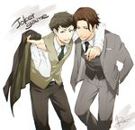  amari_(joker_game) arm_around_shoulder belt brown_eyes brown_hair cigarette copyright_name from_above green_neckwear grin hand_in_pocket highres jacket jacket_over_shoulder joker_game kaminaga_(joker_game) leaning_forward looking_at_viewer male_focus multiple_boys necktie open_clothes open_jacket riyuta_(777555333) signature smile waistcoat 