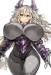  :o aqua_eyes armor bangs bodysuit breasts character_request copyright_request covered_nipples hair_between_eyes holding holding_sword holding_weapon horns huge_breasts long_hair looking_at_viewer perky_breasts sachito shiny shiny_clothes silver_hair simple_background solo sword thick_thighs thigh_gap thighs weapon white_background 