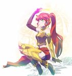  armor blush breasts cleavage collarbone full_body gloves green_eyes hair_ornament halo iesupa long_hair medium_breasts navel open_mouth ponytail pyrrha_nikos red_hair rwby simple_background skirt solo 