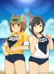  alternate_costume bare_shoulders black_hair blue_sky blush breasts brown_eyes brown_hair capriccyo cloud collarbone competition_school_swimsuit day hair_ornament hair_ribbon headgear highres hood hood_down hoodie ise_(kantai_collection) kantai_collection long_hair looking_at_viewer medium_breasts multiple_girls name_tag one-piece_swimsuit open_clothes ponytail red_eyes ribbon short_hair sky sleeveless sleeveless_hoodie sleeves_rolled_up smile sun swimsuit swimsuit_under_clothes twitter_username visor_cap yamashiro_(kantai_collection) zipper 