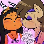  2016 blush brown_hair cinnamon_buns clothing cute dialogue drazelle_(artist) ear_piercing earth_pony equine fan_character girly hair horse jewelry kiss_on_cheek kissing lipstick male male/male mammal my_little_pony necklace piercing pony sweat 