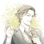  adjusting_clothes adjusting_necktie amari_(joker_game) brown_hair cigarette formal joker_game k0mk0mk0m looking_at_viewer male_focus necktie one_eye_closed solo suit twitter_username 