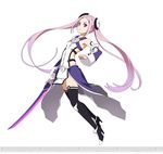  black_legwear breasts detached_sleeves full_body hair_ornament holding holding_sword holding_weapon long_hair official_art pink_hair purple_eyes simple_background small_breasts solo sword sword_art_online sword_art_online:_code_register thighhighs twintails very_long_hair watermark weapon white_background yuna_(sao) 