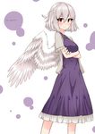  adapted_costume blush braid crossed_arms dress egret feathered_wings french_braid hair_between_eyes highres jacket kishin_sagume looking_at_viewer open_clothes open_jacket purple_dress red_eyes short_hair short_sleeves silver_hair single_wing solo standing touhou twitter_username white_background white_wings wings 
