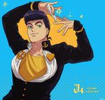  anchor_symbol bad_id bad_pixiv_id comb earrings gakuran green_eyes halftone halftone_background heart higashikata_jousuke highres jewelry jojo_no_kimyou_na_bouken male_focus onomaueki peace_symbol pompadour purple_hair school_uniform signature smile solo sparkle stud_earrings upper_body zipper 