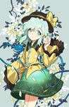  :o aqua_eyes bow eyeball floral_print flower green_hair hat hat_bow hat_ribbon heart heart_of_string komeiji_koishi long_sleeves petals ribbon rose_print seeker shirt short_hair skirt solo string third_eye touhou wide_sleeves 