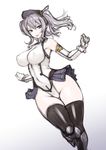  adapted_costume bare_shoulders black_legwear blush breasts commentary_request covered_navel covered_nipples elbow_gloves gloves grey_eyes hat highleg highleg_leotard kantai_collection kashima_(kantai_collection) large_breasts leotard looking_at_viewer rindou_(radical_dream) short_hair silver_hair solo taimanin_(series) taimanin_suit thighhighs tsurime twintails wavy_hair white_gloves 