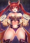  :d animal_ears blush breasts cerberus_(shingeki_no_bahamut) cleavage covered_nipples dog_ears eyebrows eyebrows_visible_through_hair granblue_fantasy hand_puppet highres large_breasts looking_at_viewer mashu_003 navel open_mouth panties panty_lift partially_visible_vulva puppet purple_panties red_eyes red_hair shingeki_no_bahamut smile solo twintails underwear wedgie 