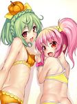  :d bikini blush bow braid crown_braid fang flower_knight_girl food food_on_head food_themed_hair_ornament fruit_on_head green_hair hair_bow hair_ornament lantana_(flower_knight_girl) long_hair looking_at_viewer multiple_girls object_on_head open_mouth orange_bikini pepo_(flower_knight_girl) pink_bow pink_hair ponytail pumpkin_hair_ornament red_eyes sasayuki short_hair smile swimsuit upper_body wrist_cuffs yellow_bikini yellow_bow 