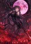  armor bodysuit breasts cloudy.r covered_navel dual_wielding fate/grand_order fate_(series) flower full_moon gae_bolg highres holding holding_weapon large_breasts long_hair moon purple_bodysuit purple_eyes purple_hair scathach_(fate)_(all) scathach_(fate/grand_order) shoulder_armor solo spider_lily veil weapon 