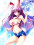  animal_ears between_breasts breasts bullet bunny_ears denim denim_shorts finger_gun highres large_breasts long_hair midriff necktie necktie_between_breasts no_panties open_fly open_mouth osashin_(osada) purple_hair red_eyes reisen_udongein_inaba short_shorts shorts solo touhou unzipped 