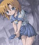  bangs blue_eyes higurashi_no_naku_koro_ni kurogarasu lowres orange_hair rain ryuuguu_rena school_uniform solo tree wet wet_clothes 