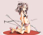  arrow bikini bow_(weapon) breasts brown_eyes brown_hair headband kantai_collection kneeling long_hair ponytail sandals small_breasts smile sogabe_toshinori solo swimsuit weapon zuihou_(kantai_collection) 