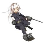  adapted_turret black_legwear black_skirt brown_eyes full_body gun holding holding_gun holding_weapon kantai_collection kikuzuki_(kantai_collection) long_hair official_art open_mouth pantyhose pleated_skirt silver_hair skirt solo transparent_background weapon yadokari_(migihashi) 