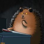 2016 3_fingers bear black_background brown_fur computer desk fur grizzly_bear headphones inside keyboard laugh male mammal monitor open_mouth orange_eyes poof ratte signature simple_background solo 