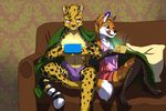  anthro bulge canine cheetah clothed clothing duo fangs feline fox girly half-closed_eyes inside male mammal navel nintendo nintendo_ds pillow smile sofa teeth tongue tongue_out topless tsukinori video_games 