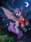  2018 bat_pony cutie_mark day detailed_background digital_media_(artwork) fan_character hair mammal membranous_wings moon my_little_pony night outside pone_mouth purple_hair sky smile teeth tongue wings yakovlev-vad 
