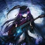  ancient_destroyer_hime black_hair blue_eyes commentary_request drill_hair gloves glowing glowing_eye guitar highres instrument japanese_clothes kajaneko kantai_collection kimono long_hair meiji_schoolgirl_uniform plectrum shinkaisei-kan side_ponytail solo torn_clothes 