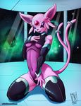  2016 anthro anthrofied breasts clothed clothing eeveelution espeon fangs female forked_tail navel nintendo open_mouth pok&eacute;mon pok&eacute;morph solo space star tongue tongue_out under_boob video_games zwitterkitsune 